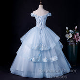 Light Blue Off Shoulder Lace Applique Ball Gown Formal Dress, Blue Sweet 16 Gown